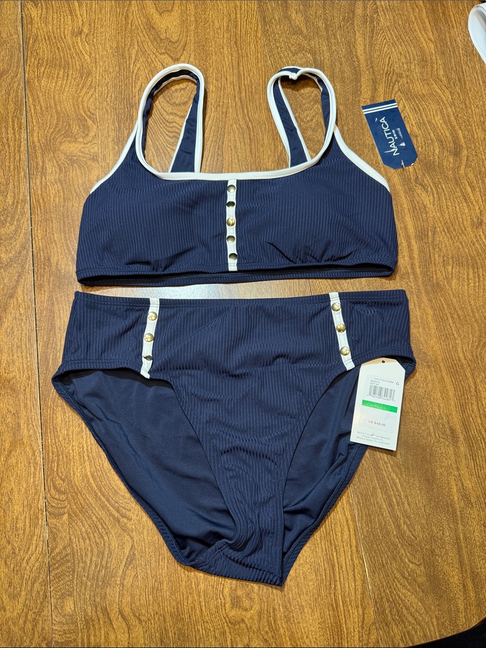 Nautica Navy Ribbed Bralette/Gold Buttons with high waisted matching bottoms